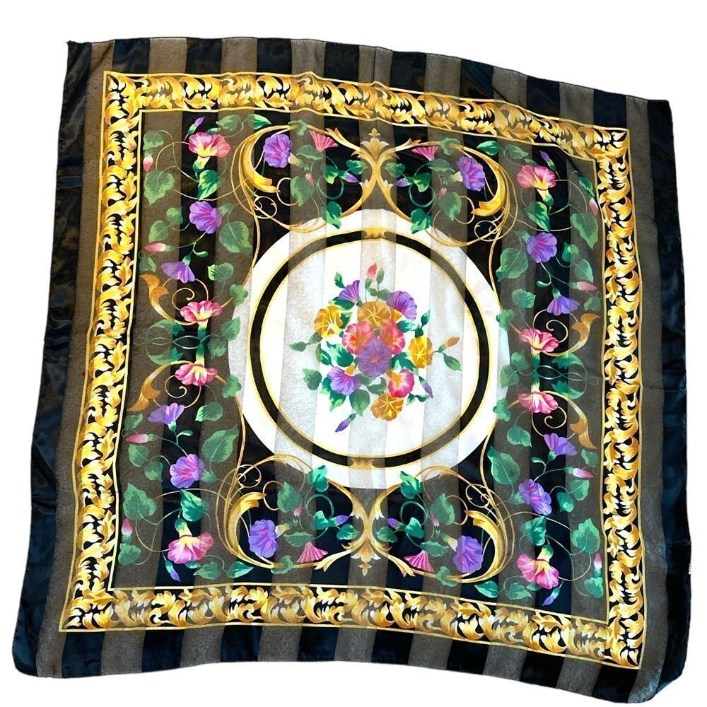40” square floral black white green purple pink gold  polyester silky scarf